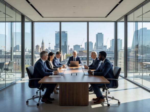 Executive search boardroom meeting in a modern European architectural office overlooking city skyline