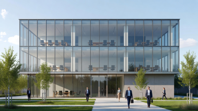 Modern corporate headquarters glass facade
